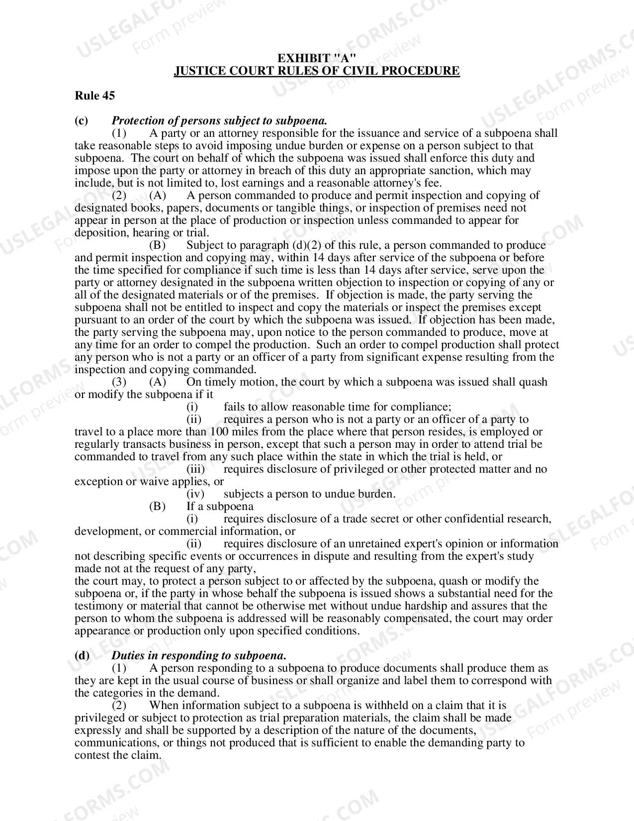 Preview Subpeona for Business Records (without Appearance) - Nonfillable Form