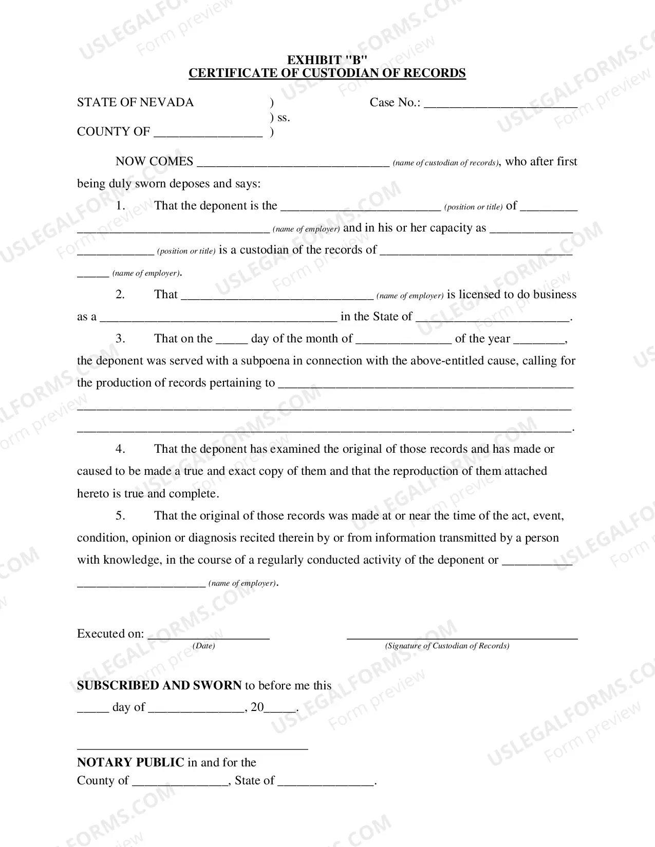 Preview Subpeona for Business Records (without Appearance) - Nonfillable Form