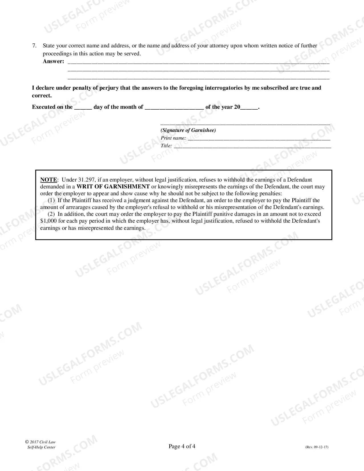 Preview Writ of Garnishment - Fillable Form