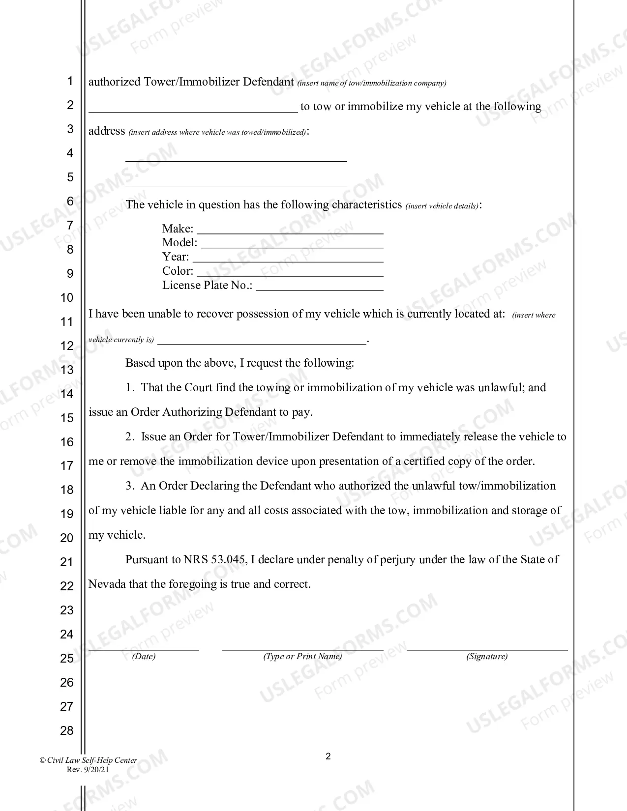 Preview Affidavit of Complaint for Unlawful Towing - Nonfillable Form