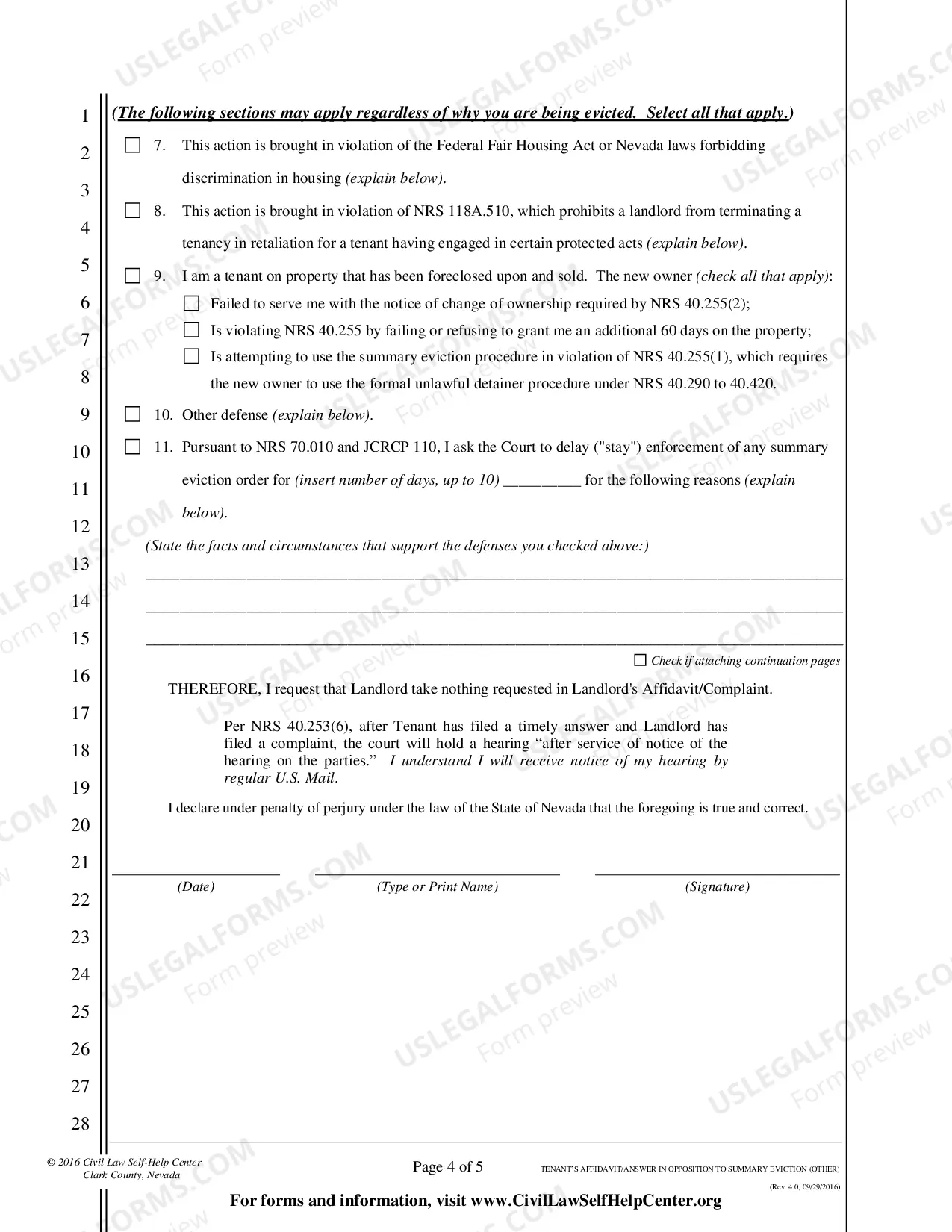 Preview Affidavit/Answer in Opposition to Summary Eviction - All other