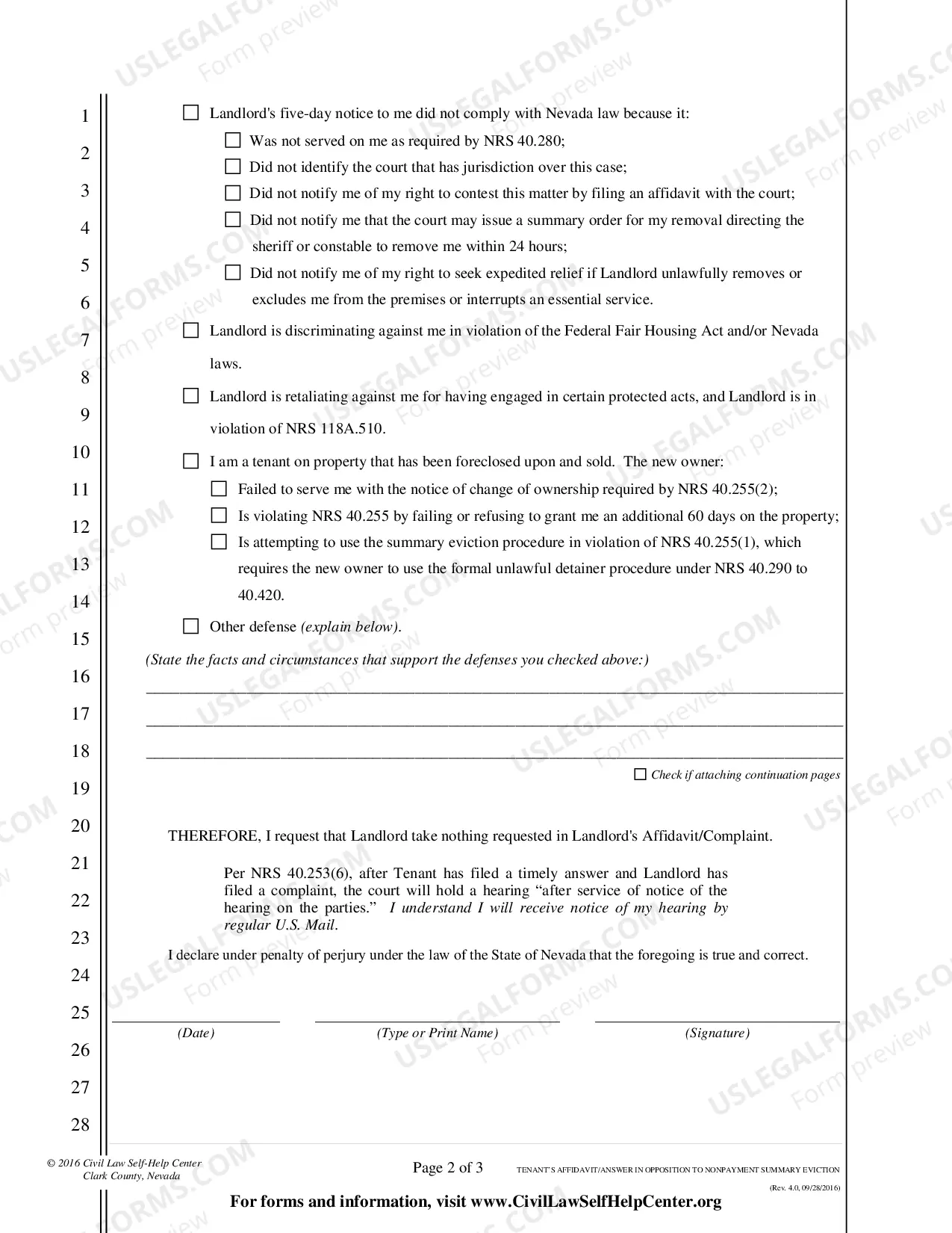 Preview Affidavit/Answer in Opposition to Summary Eviction - Nonpayment of Rent