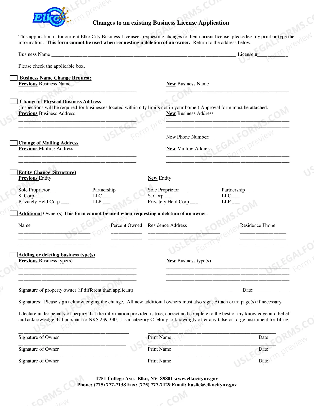 Preview CHANGES TO AN EXISTING BUSINESS LICENSE (Change of business name or new location)