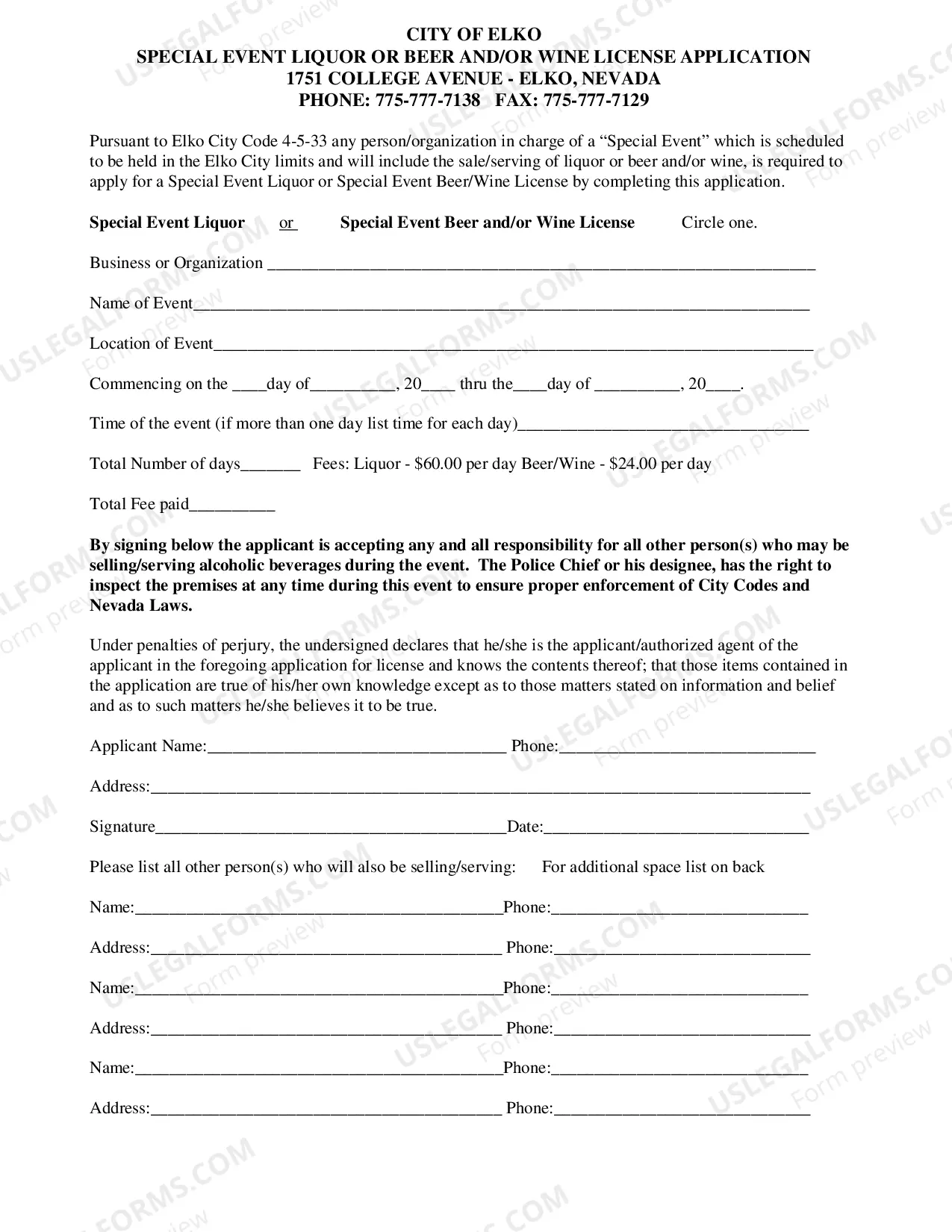 Preview SPECIAL EVENT LICENSE ON CITY SIDEWALK APPLICATION
