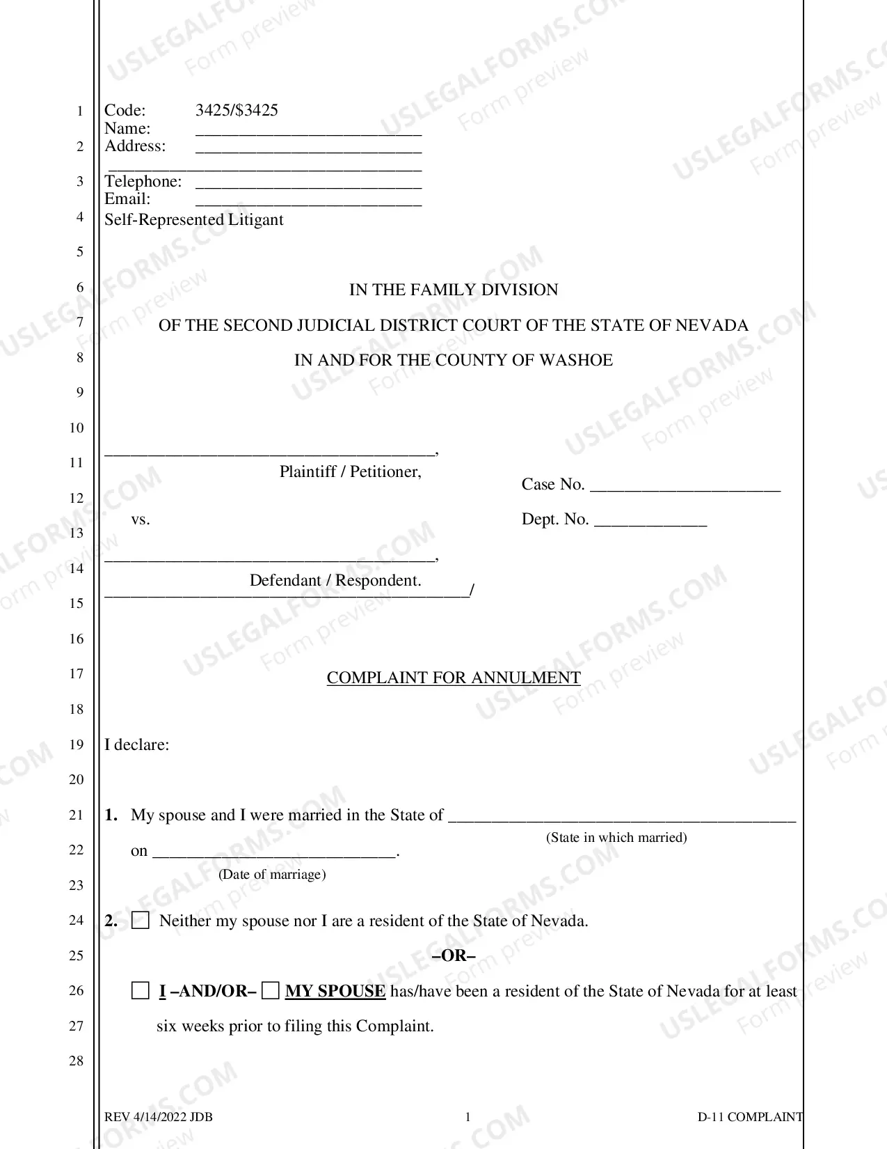 Preview Complaint For Annulment - No Children - Washoe County