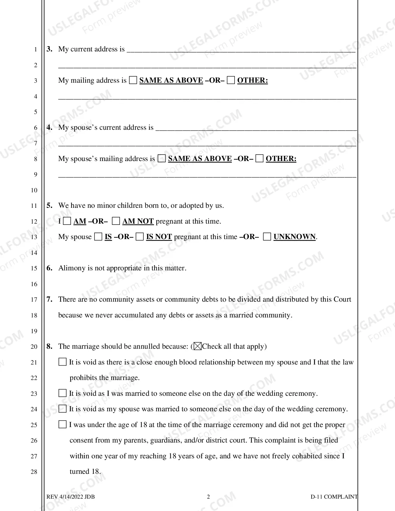 Preview Complaint For Annulment - No Children - Washoe County