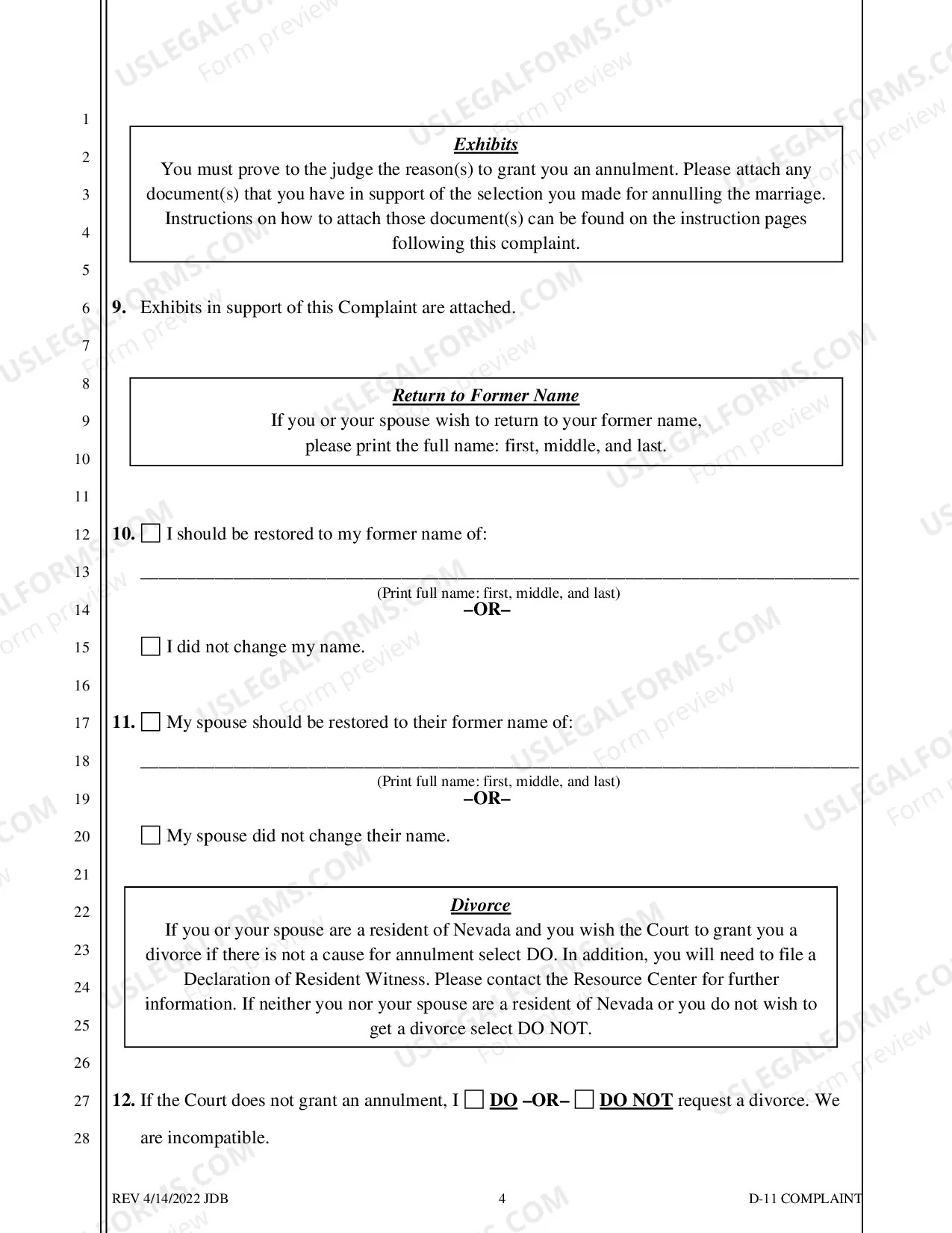 Preview Complaint For Annulment - No Children - Washoe County