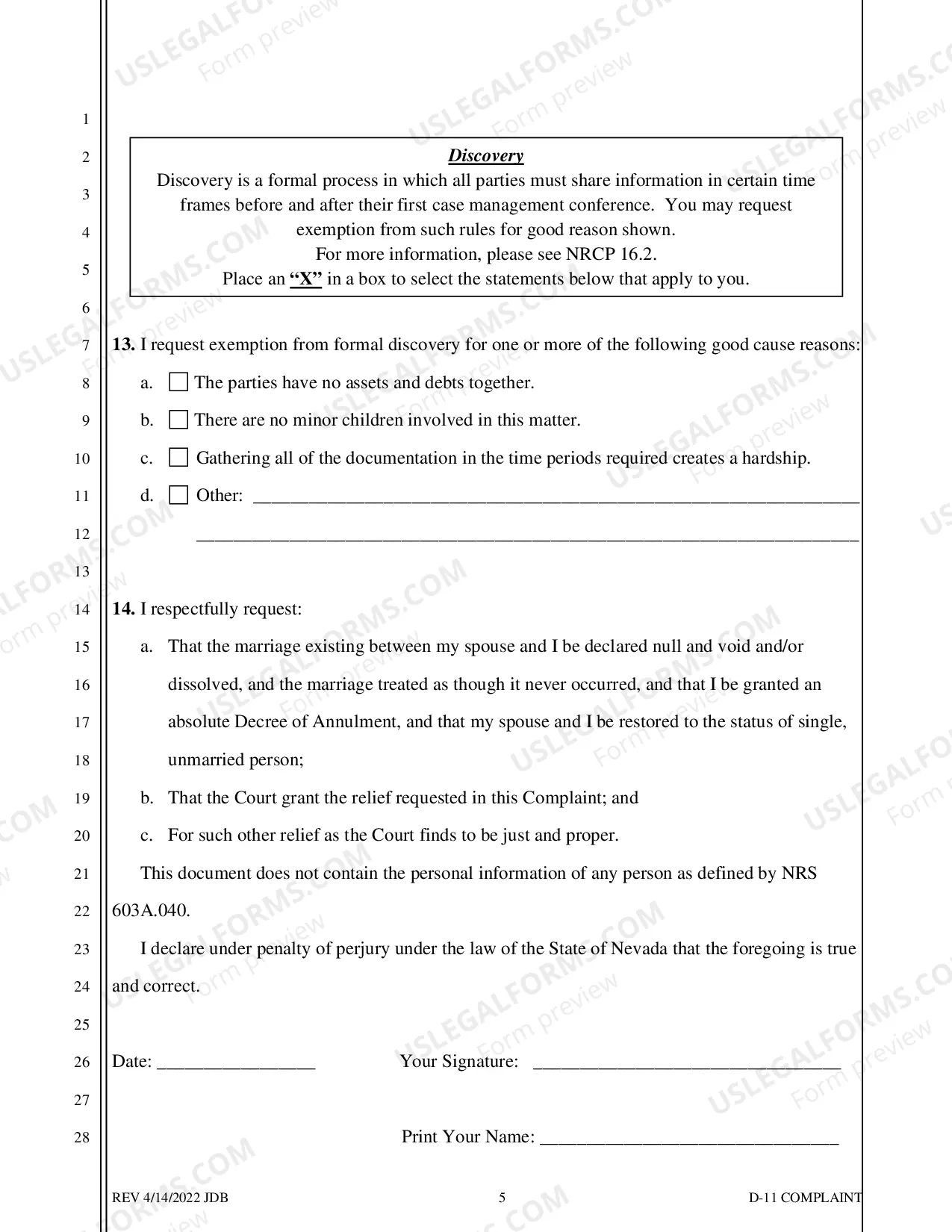 Preview Complaint For Annulment - No Children - Washoe County