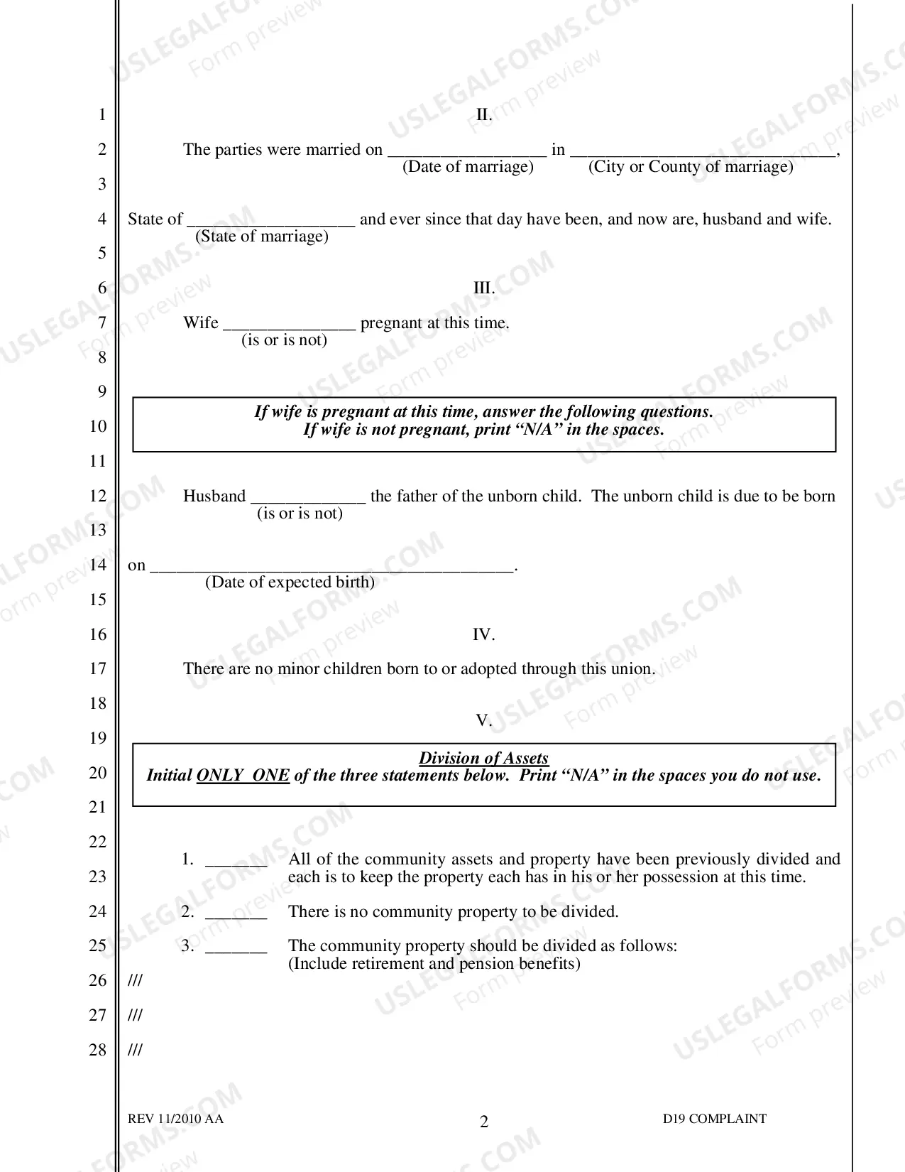 Preview D-19 Complaint for Separate Maintenance with no Children