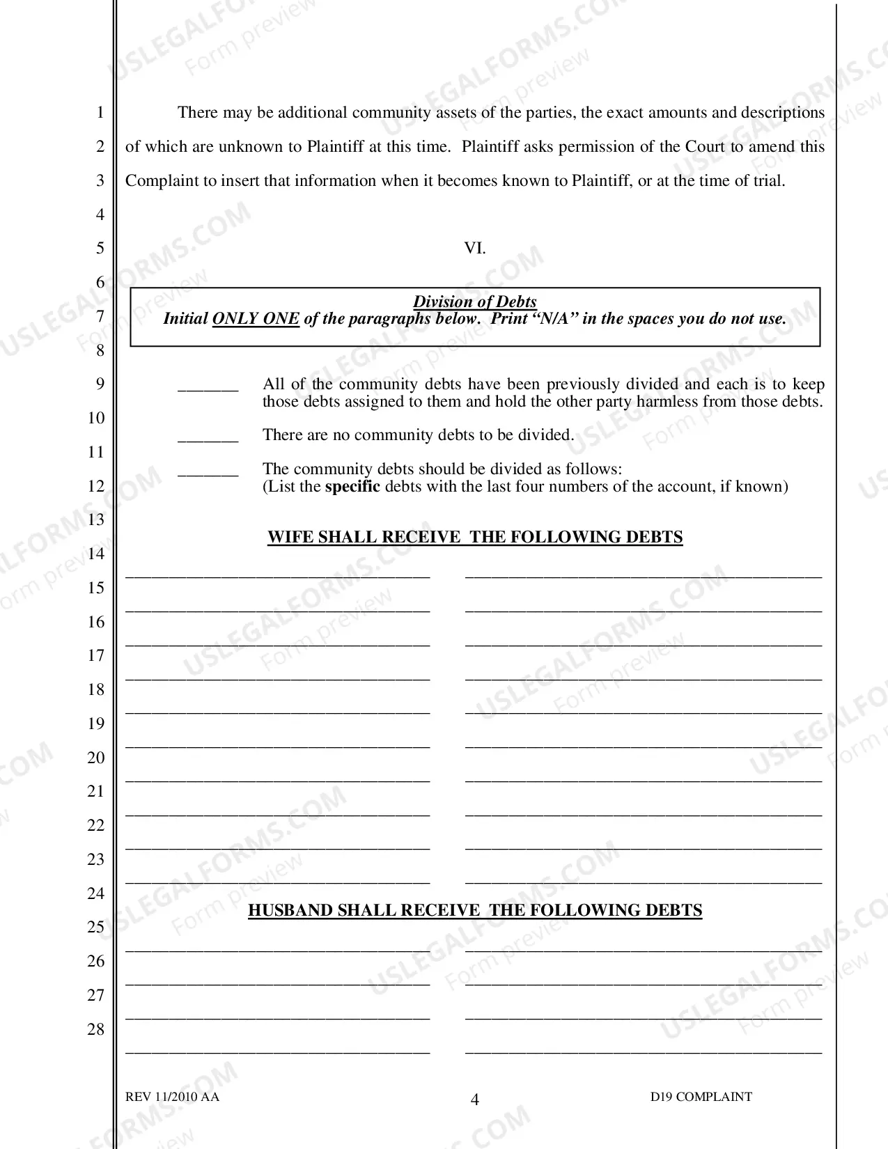 Preview D-19 Complaint for Separate Maintenance with no Children