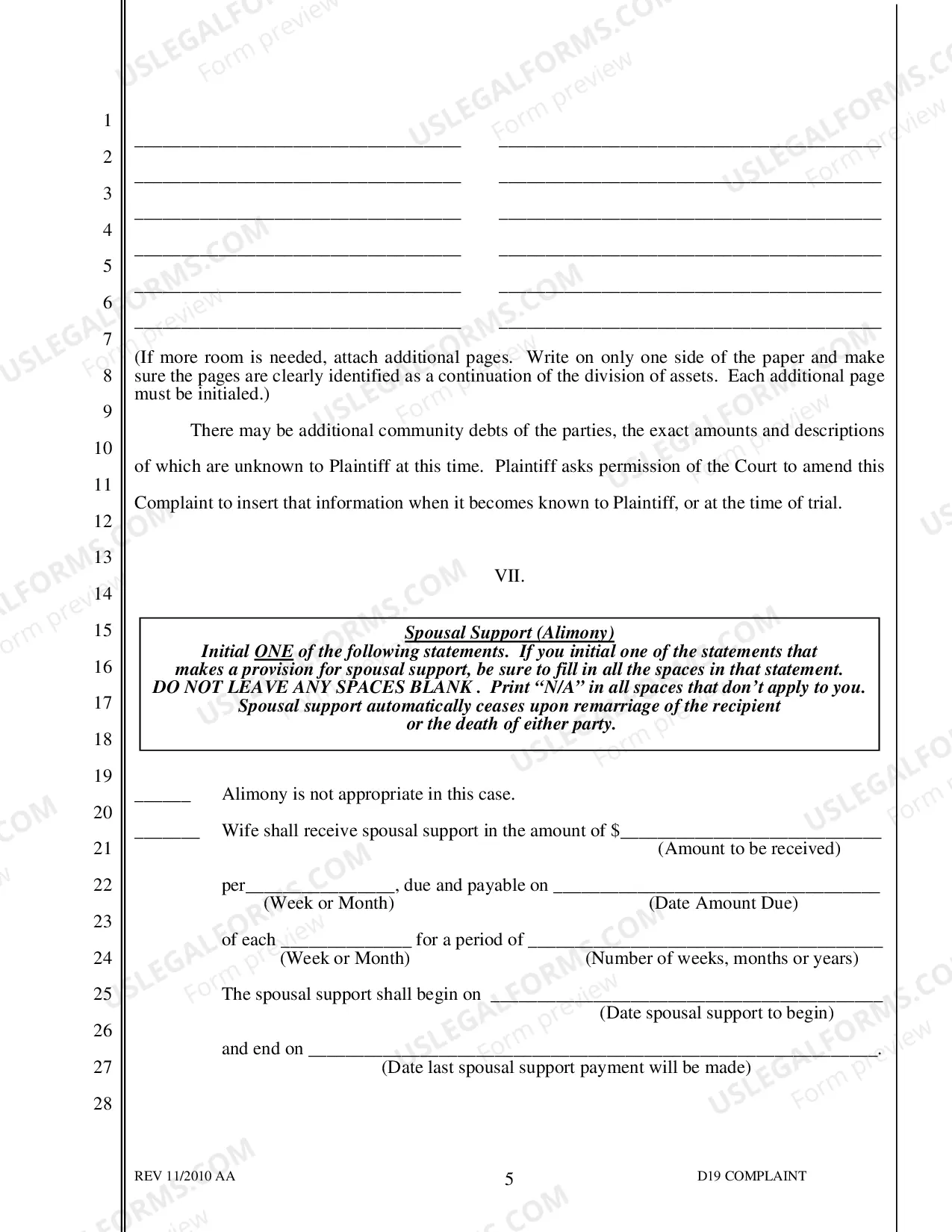 Preview D-19 Complaint for Separate Maintenance with no Children