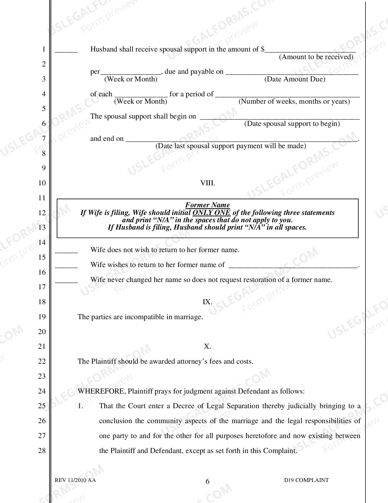 Preview D-19 Complaint for Separate Maintenance with no Children