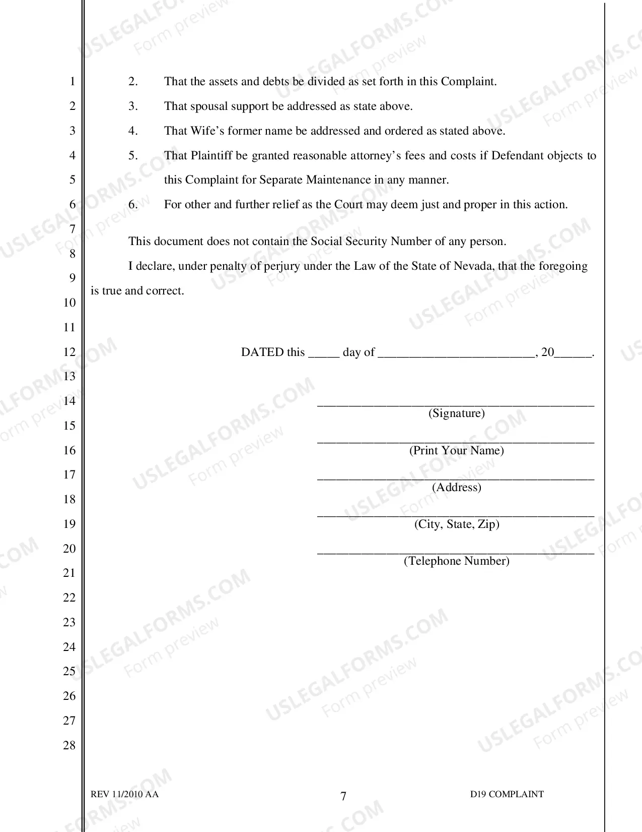 Preview D-19 Complaint for Separate Maintenance with no Children