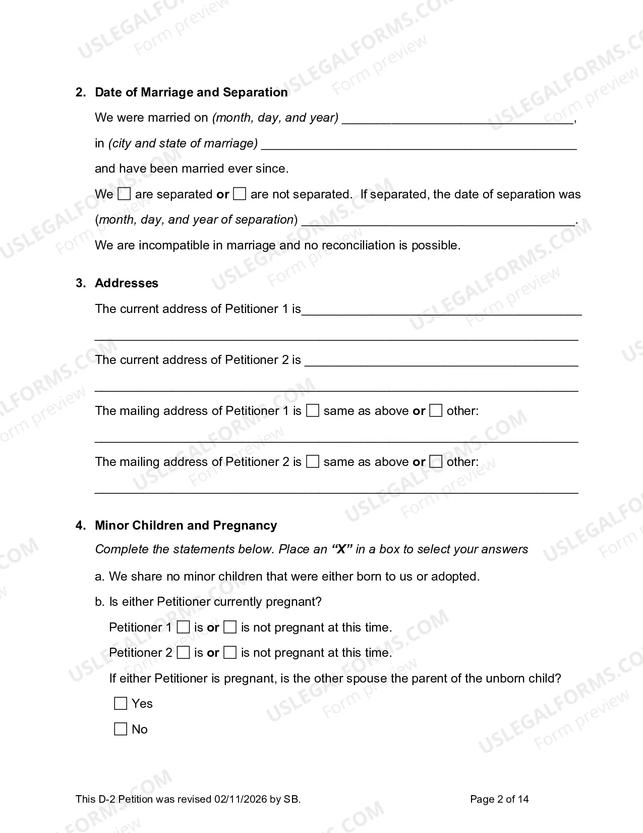 Preview D-2 Joint Petition for Divorce with no Minor Children