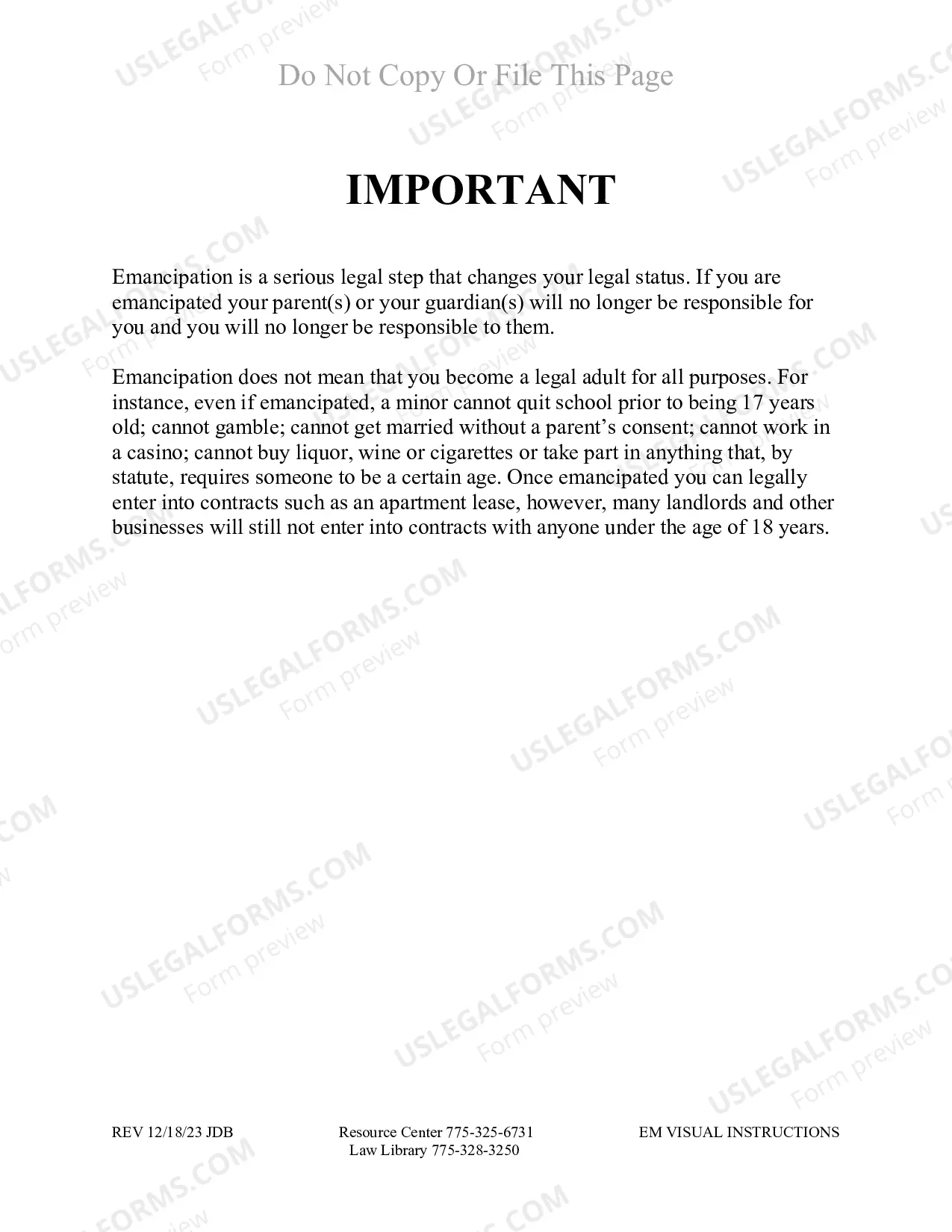 Preview Emancipation Packet for Washoe County Nevada