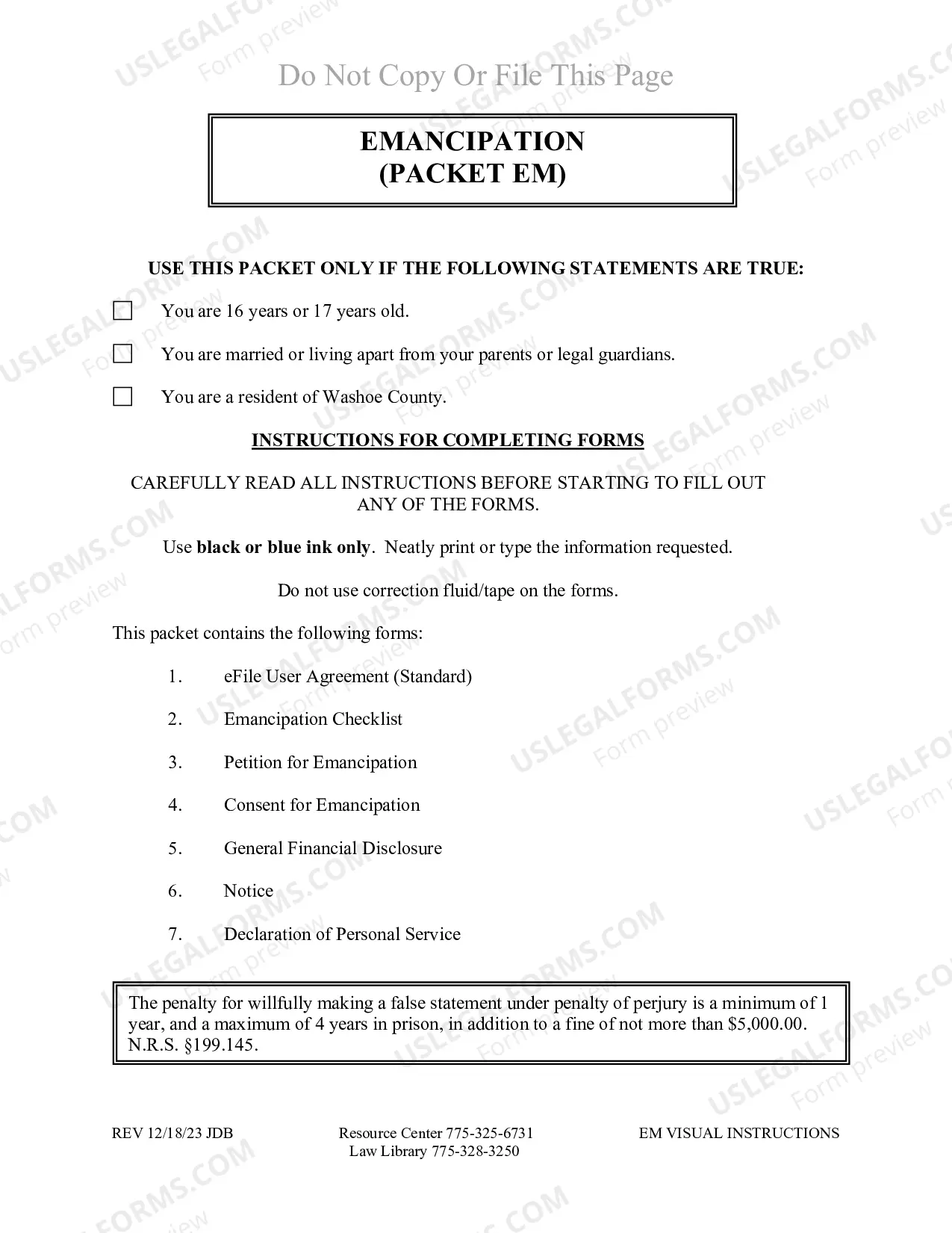 Preview Emancipation Packet for Washoe County Nevada