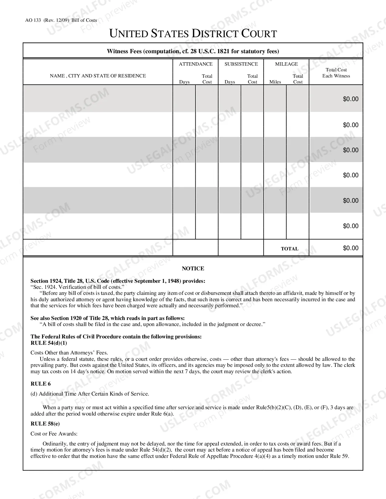 Preview Bill of Costs