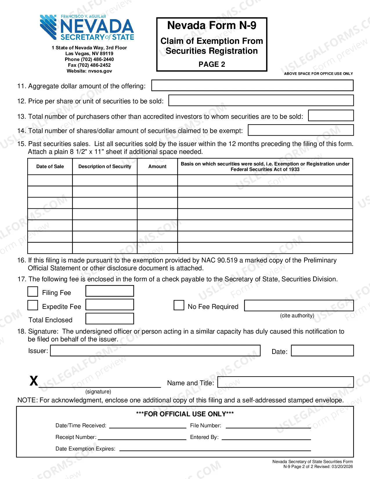 Preview Claim of Exemption From Securities Registration