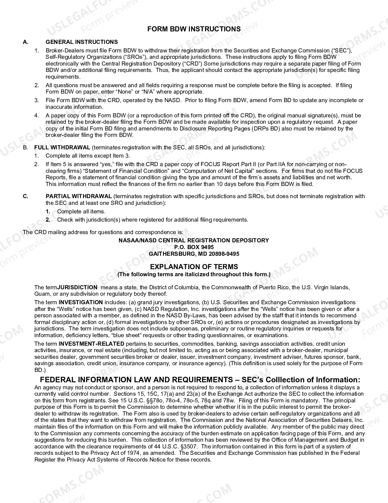 Preview Request for Broker-Dealer Withdrawal - (Form BDW)