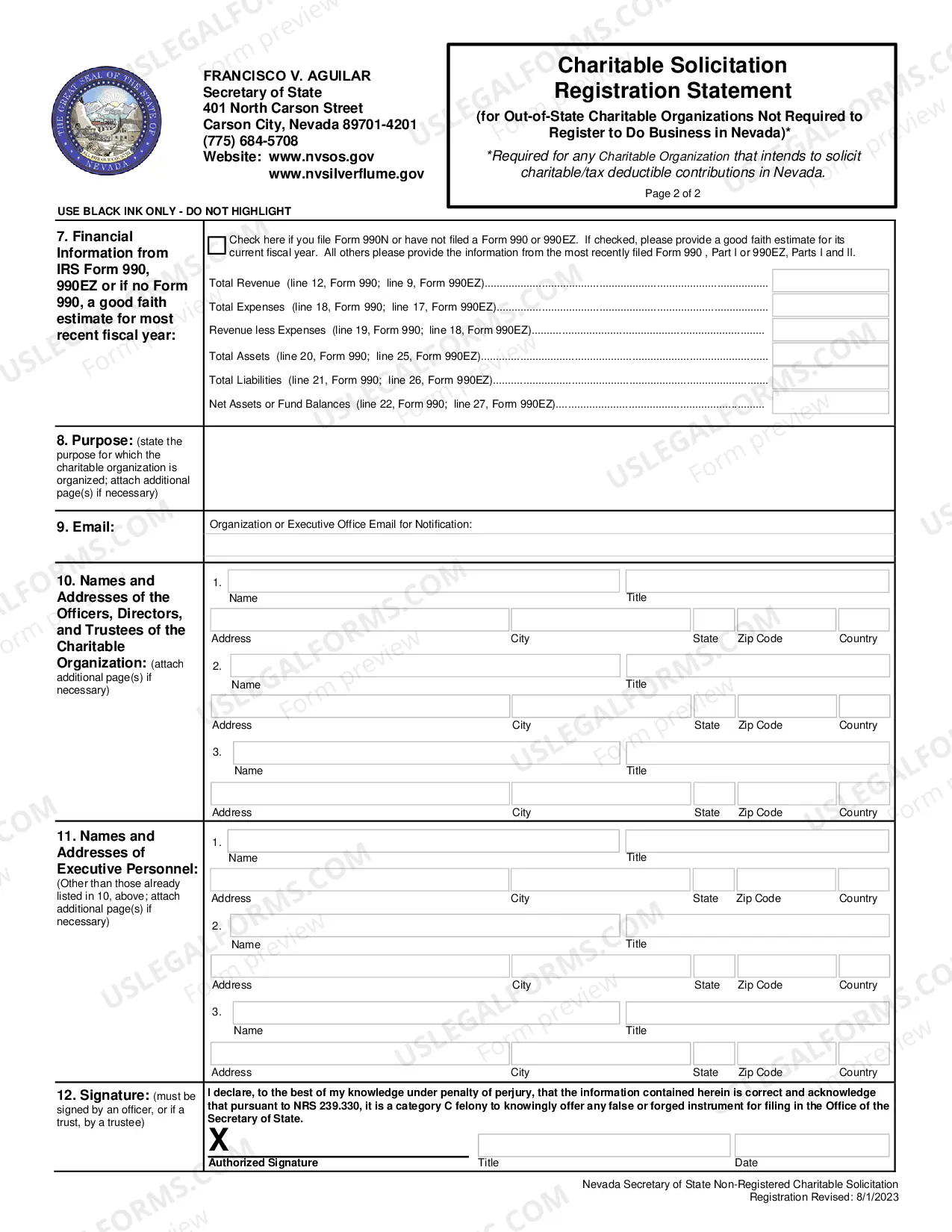 Preview Charitable Solicitation Registration Statement (for Out-of-State Charitable Organizations Not Required to Register to Do Business inNevada) Required for anyCh