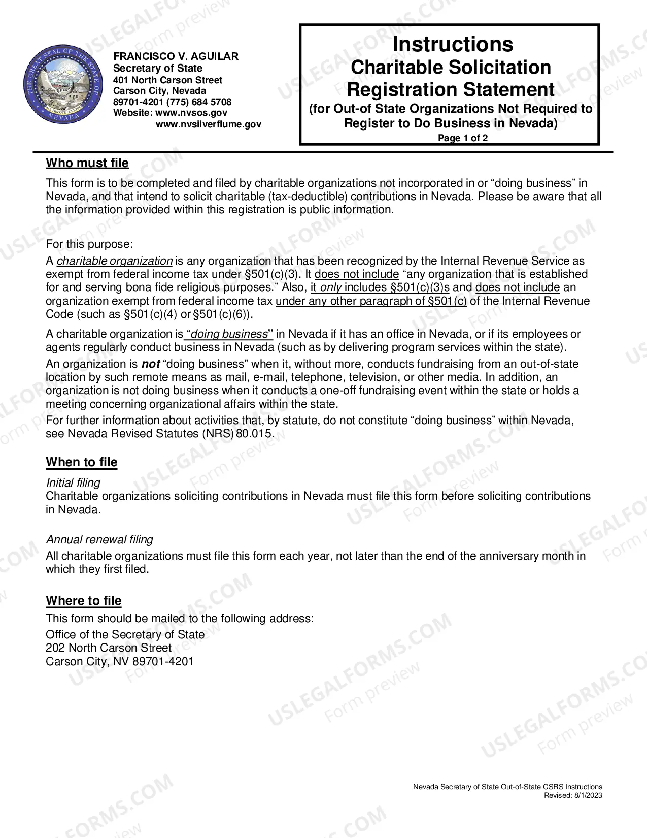 Preview Charitable Solicitation Registration Statement (for Out-of-State Charitable Organizations Not Required to Register to Do Business inNevada) Required for anyCh