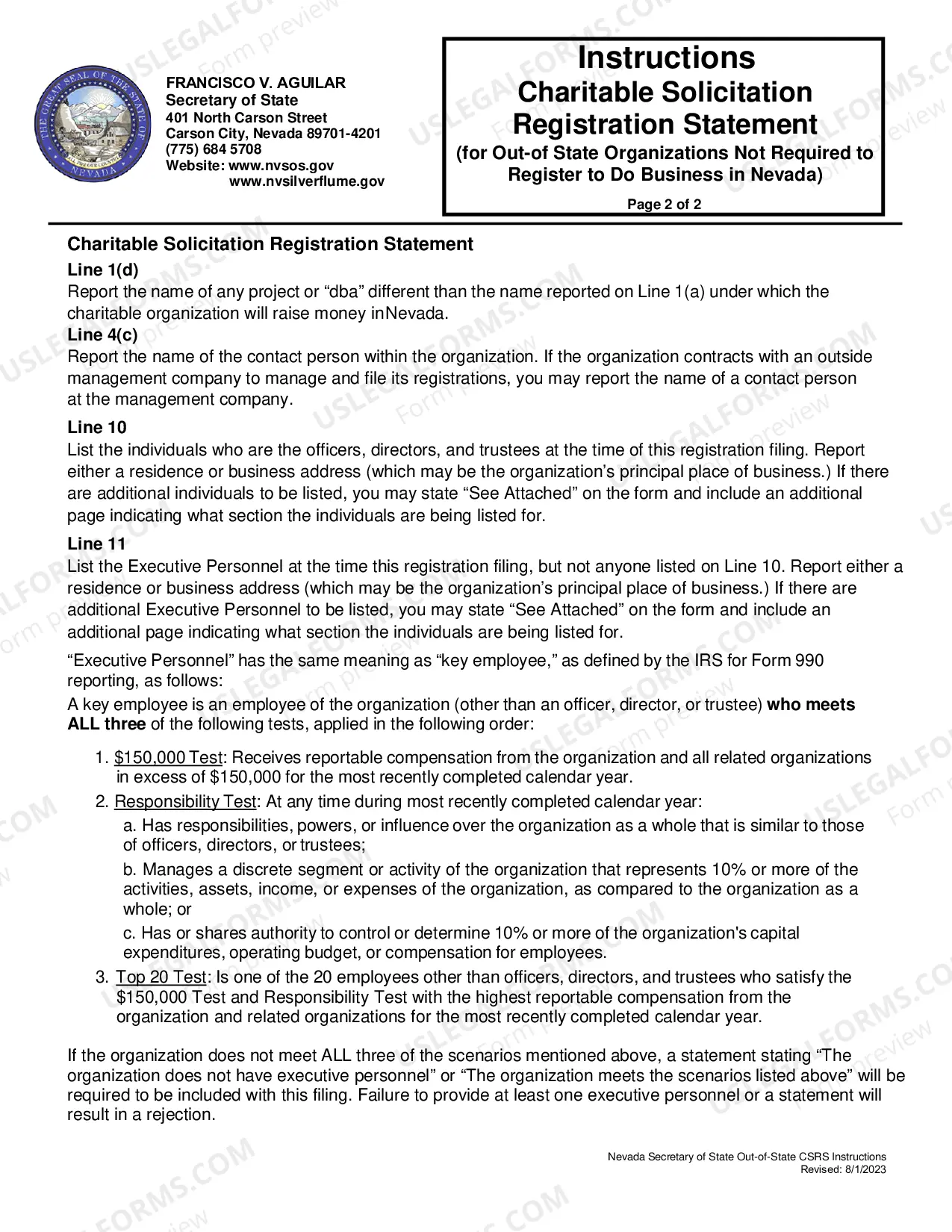 Preview Charitable Solicitation Registration Statement (for Out-of-State Charitable Organizations Not Required to Register to Do Business inNevada) Required for anyCh