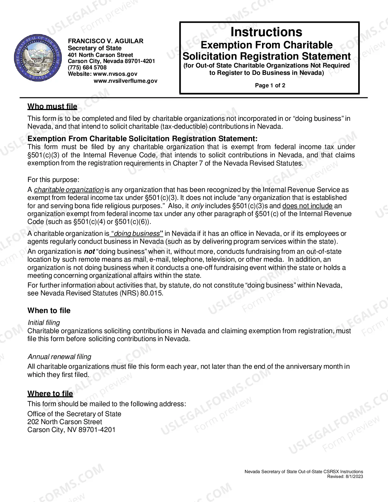 Preview Exemption From Charitable Solicitation Registration Statement (for Out-of-State Charitable Organizations Not Required to Register to Do Business in Nevada)