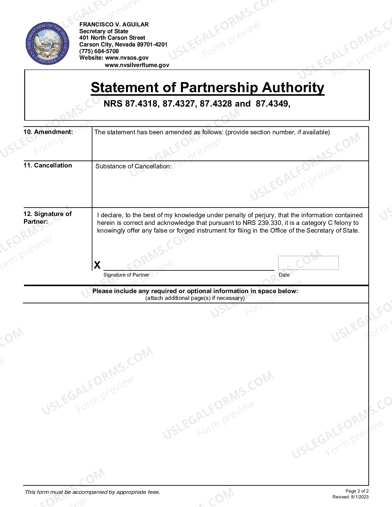 Preview Amendment to Statement of Partnership Authority(NRS87.4318)