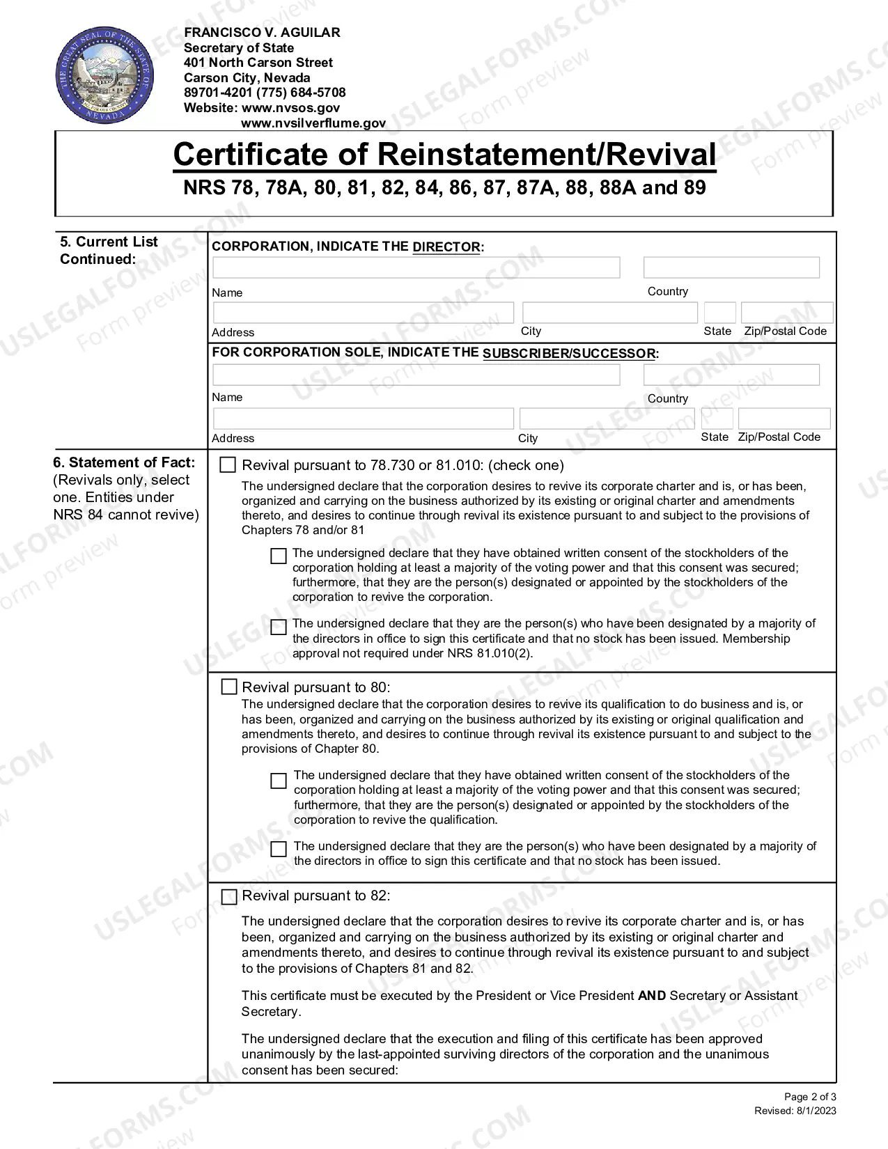 Preview Nonprofit Corporation - Domestic - Revival for Corporations filed under 81.010(NRS81.010)
