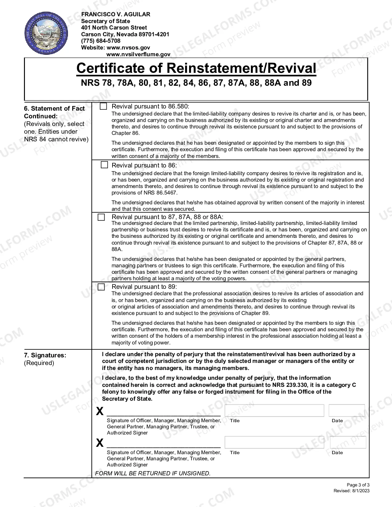Preview (88) Limited Partnership -Foreign - Revival(NRS Chapter88) Used to revive aforeign Limited Partnership pursuant to NRS Chapter 88.