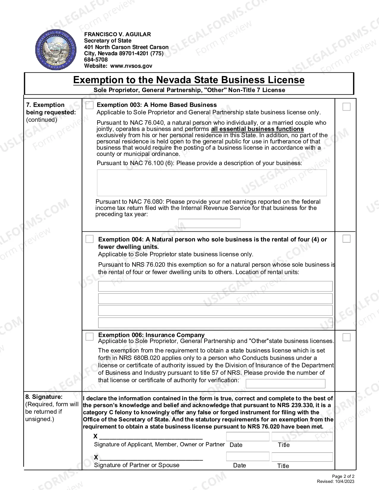 Preview ExemptSole Proprietor or General Partnership Cancellation Statement(NRS 76) To CANCEL an EXISTINGEXEMPTION for a SOLE PROPRIETOR or GENERAL PARTNERSHIP ONLY