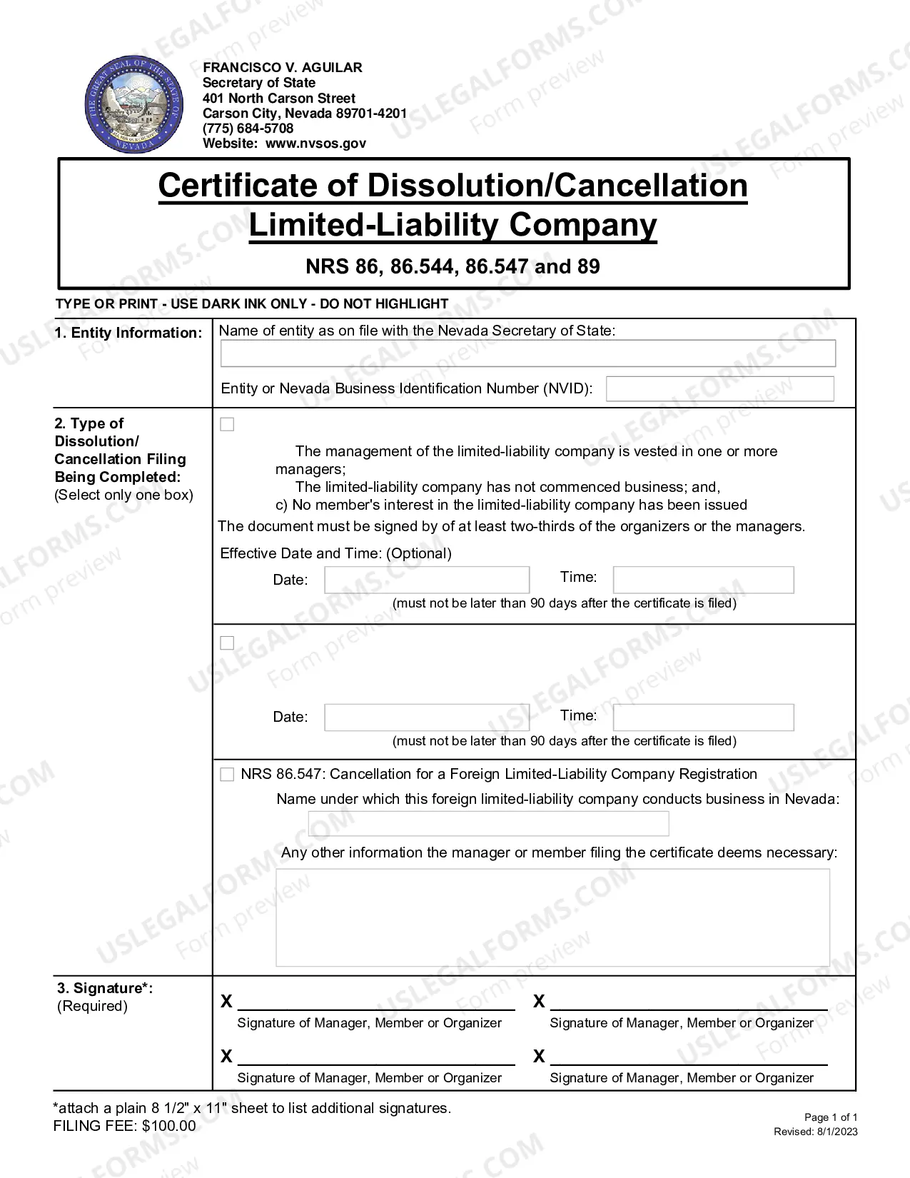 Preview Articles of Dissolution for a Nevada Limited-Liability Company(NRS86.531)