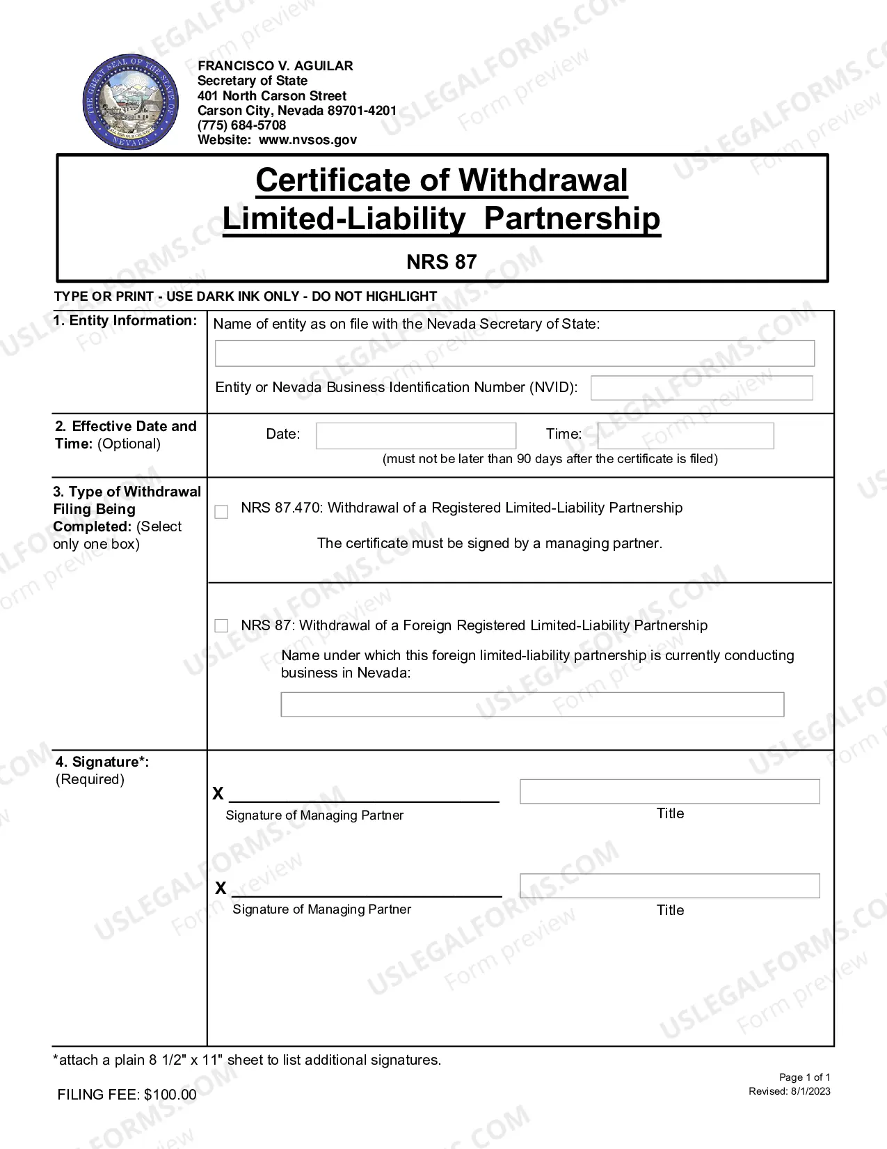 Preview Withdrawal of Foreign Limited-Liability Partnership(NRS87.470)