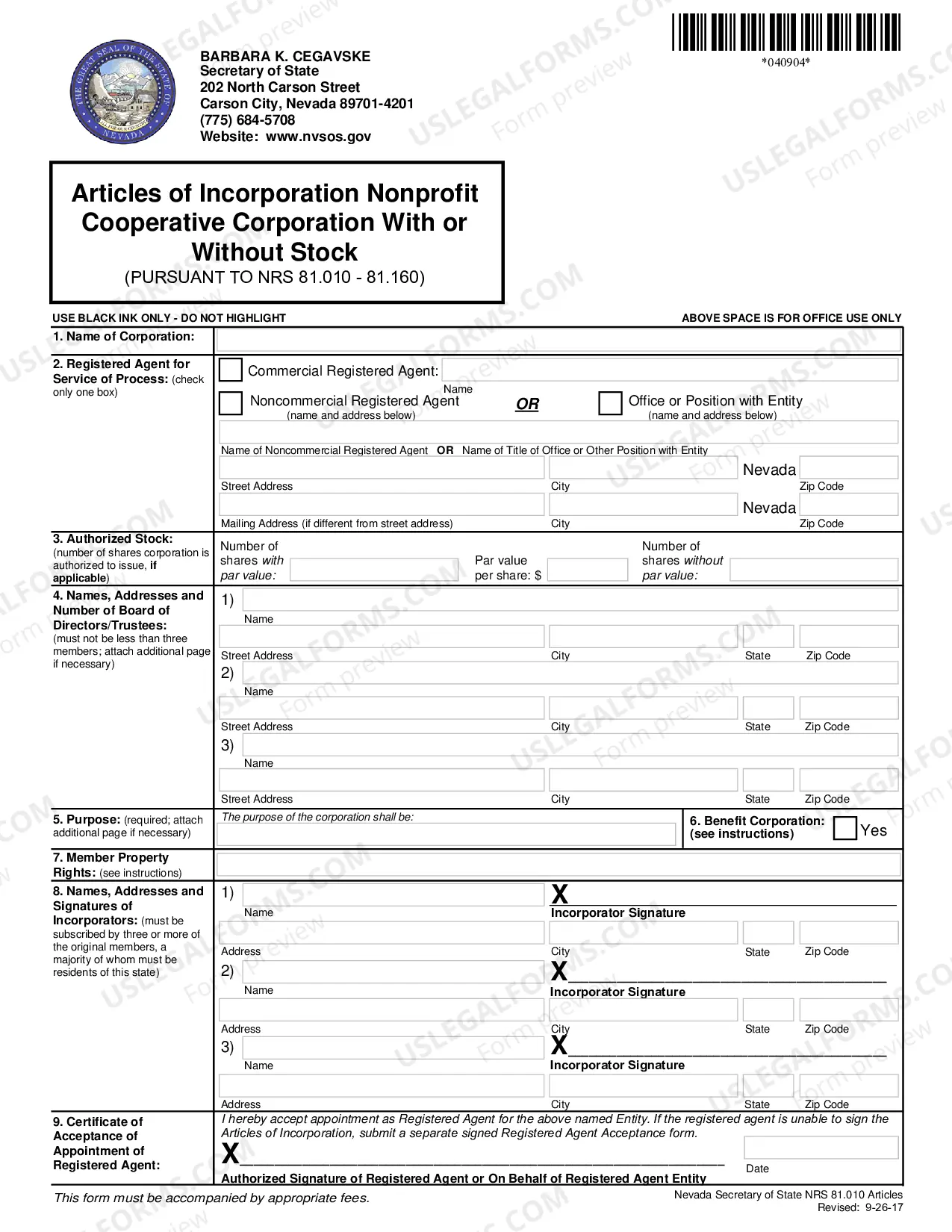 Preview Nonprofit Cooperative Corporation With or Without Stock(NRS CHAPTER81.010-81.160)