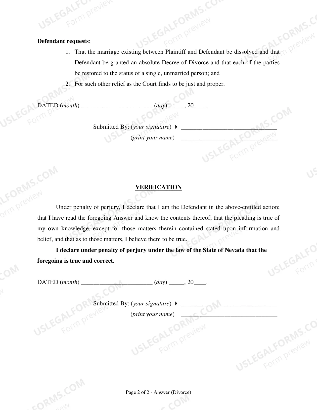 Preview Answer To Complaint For Divorce (No Counterclaim)