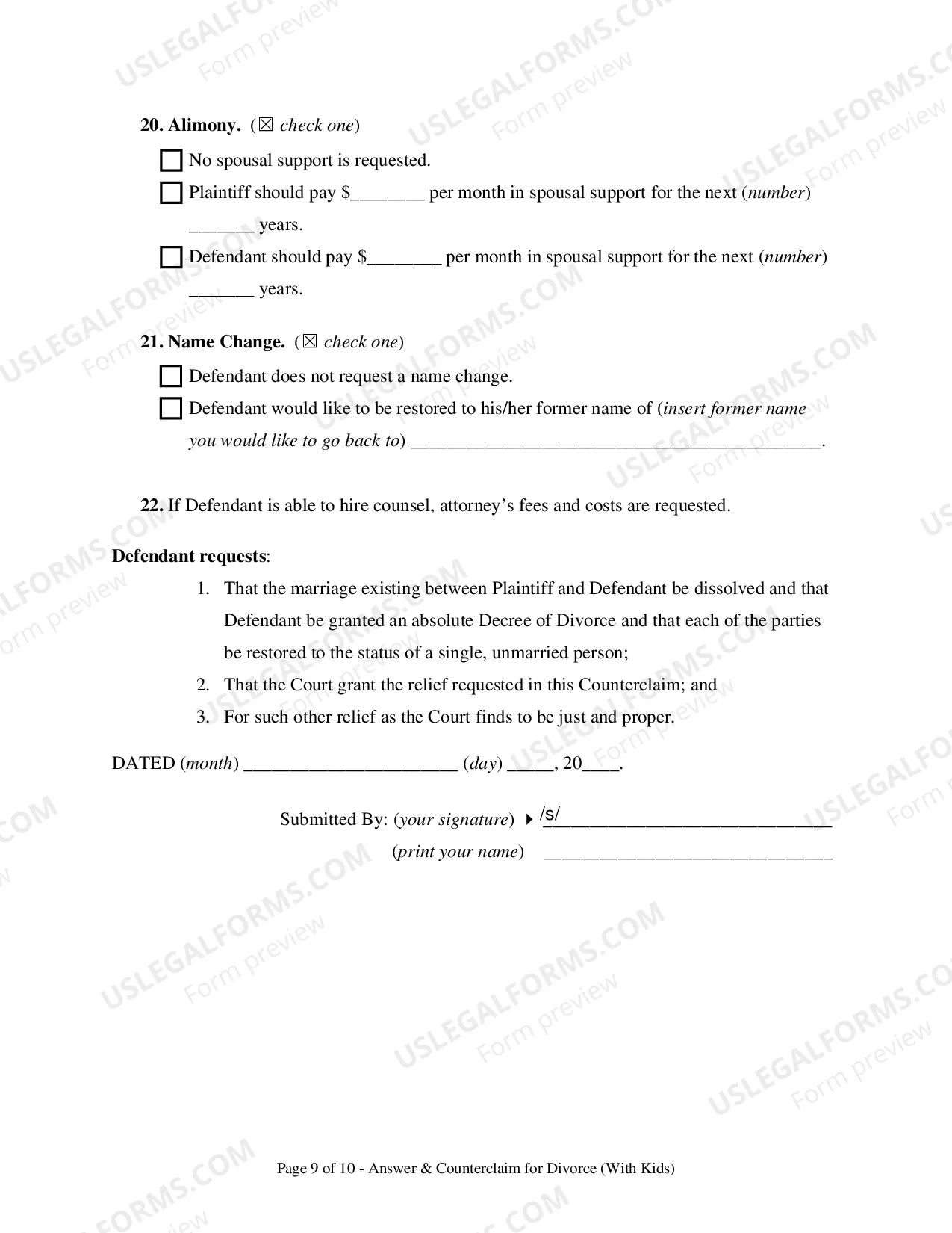 Preview Answer To Complaint For Divorce And Counterclaim (With Children)