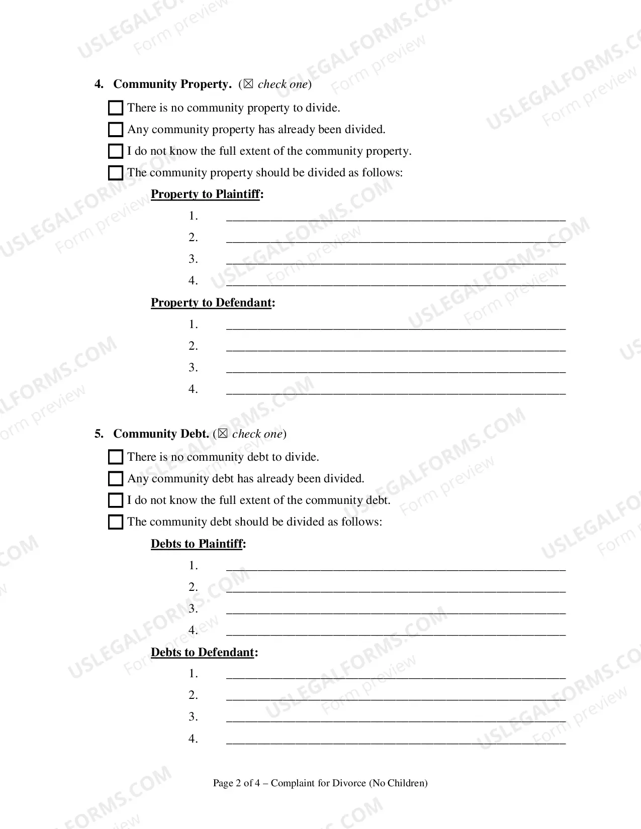 Preview Complaint For Divorce (No Children)