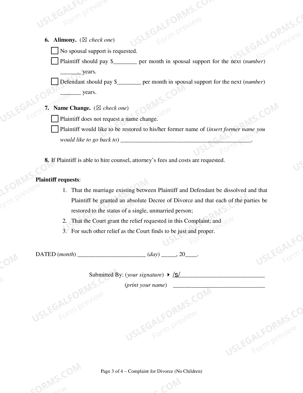 Preview Complaint For Divorce (No Children)