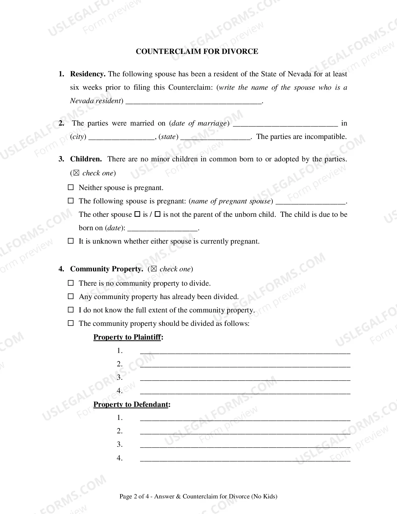 Preview Divorce Answer & Counterclaim - No Kids
