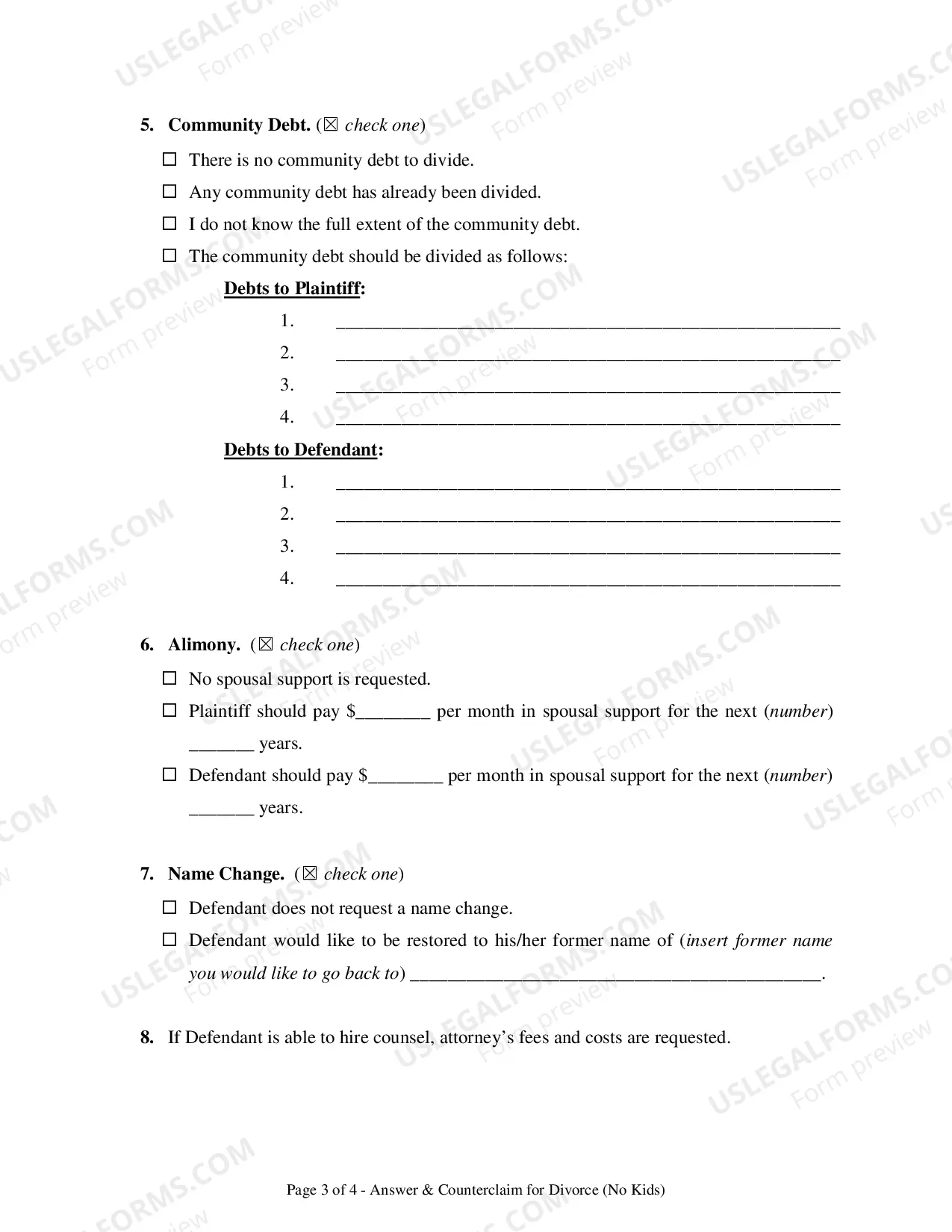 Preview Divorce Answer & Counterclaim - No Kids