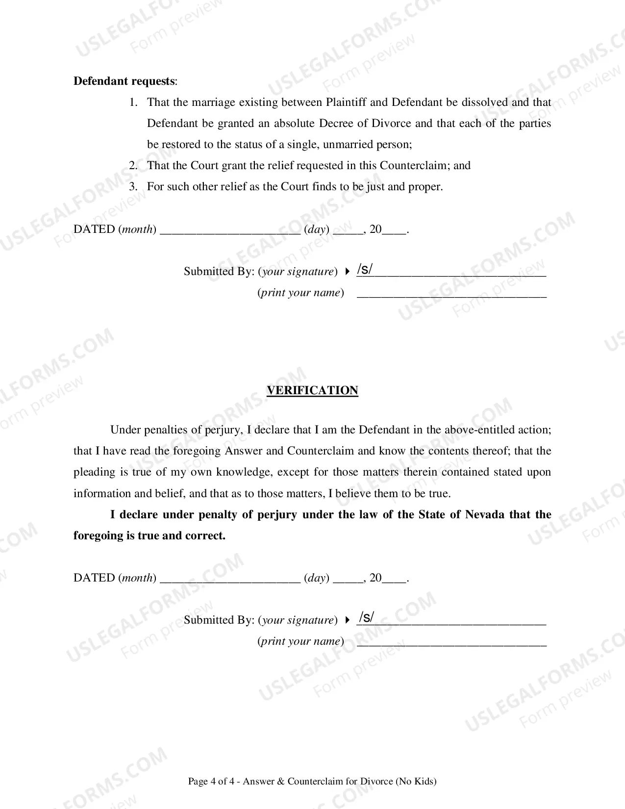 Preview Divorce Answer & Counterclaim - No Kids