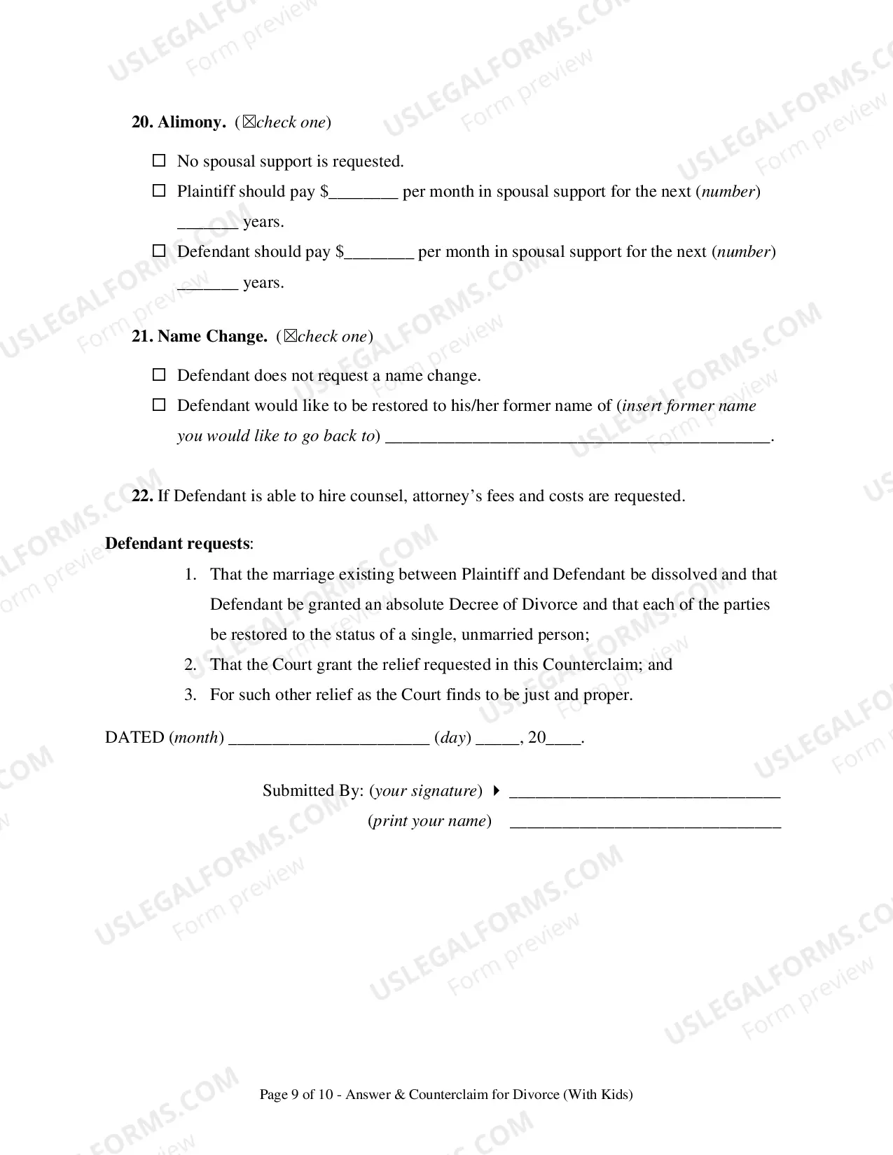 Preview Divorce Answer & Counterclaim - With Kids