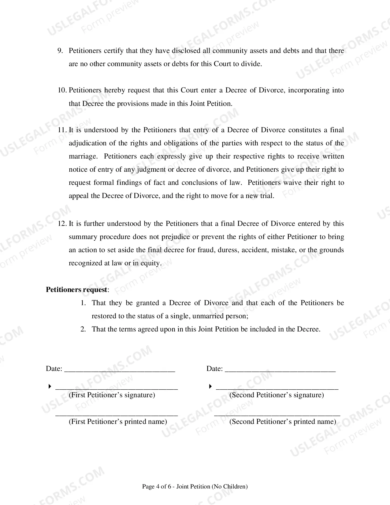 Preview Joint Petition:Joint Petition for Divorce - No Kids