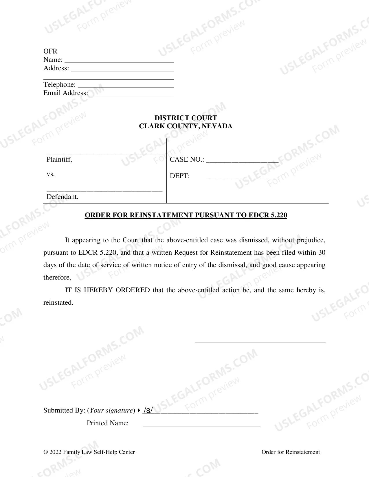 Preview Request and Order for Reinstatement
