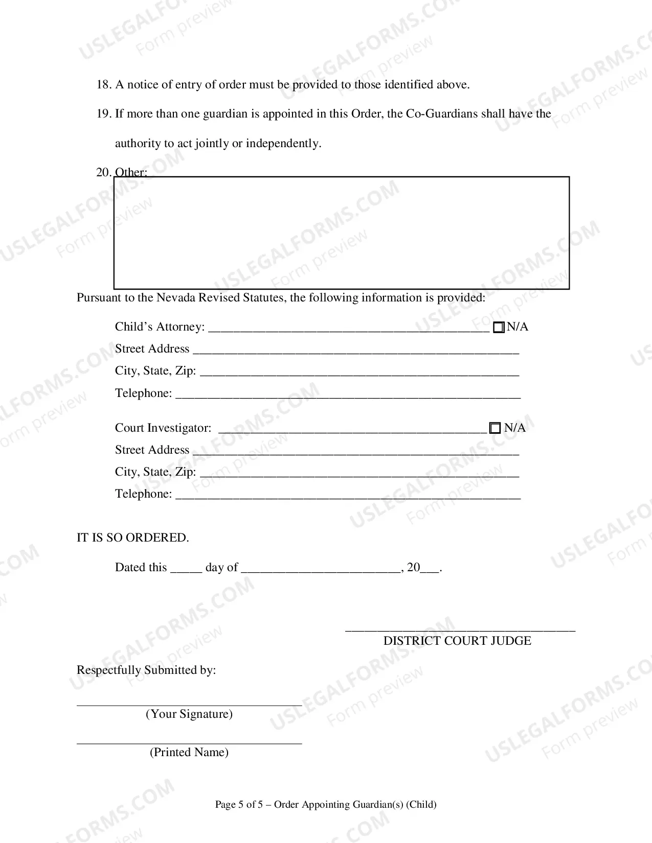Preview Order Appointing Guardian(s) - Minor
