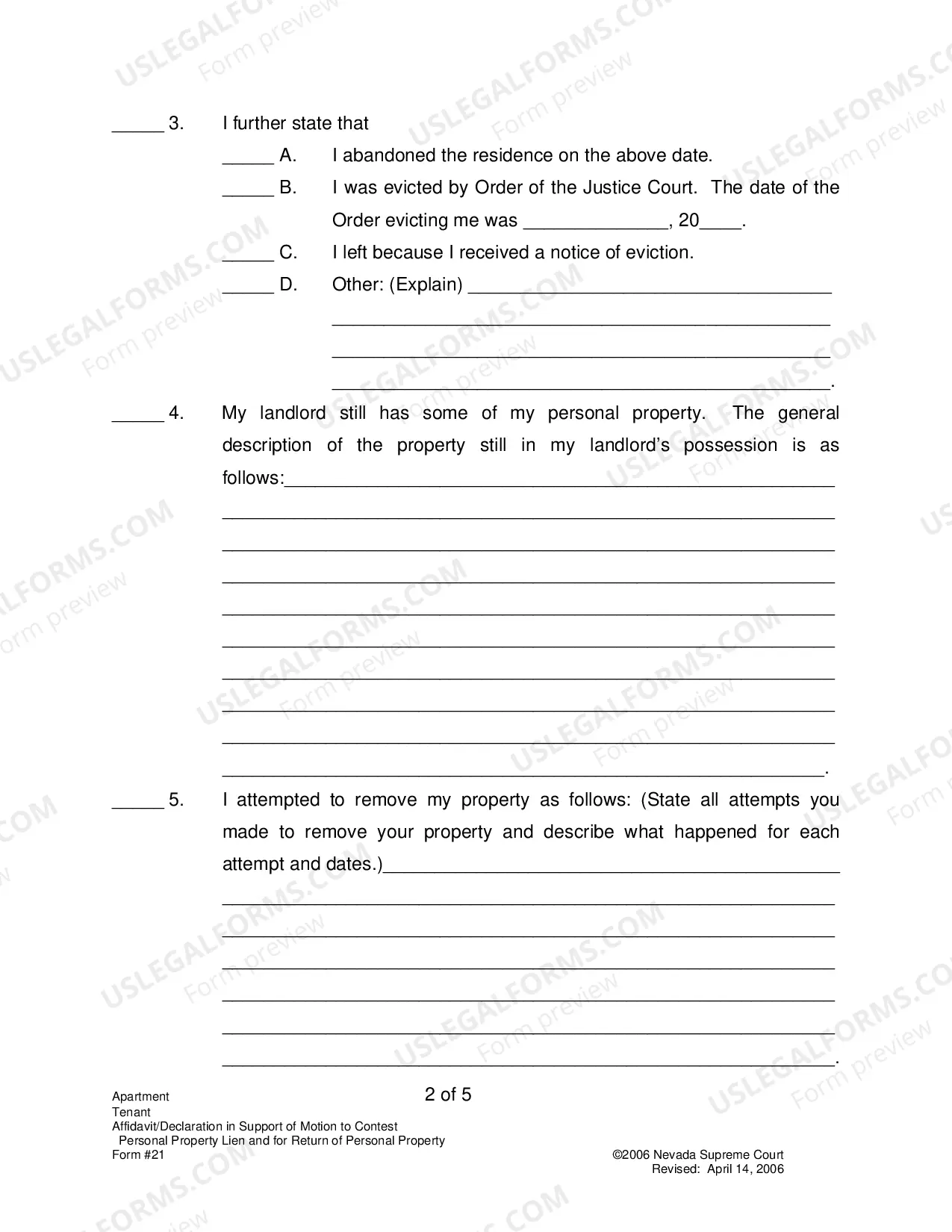 Preview Affidavit Or Declaration In Suport of Motion To Contest Personal Property Lien And For Return of Personal Property