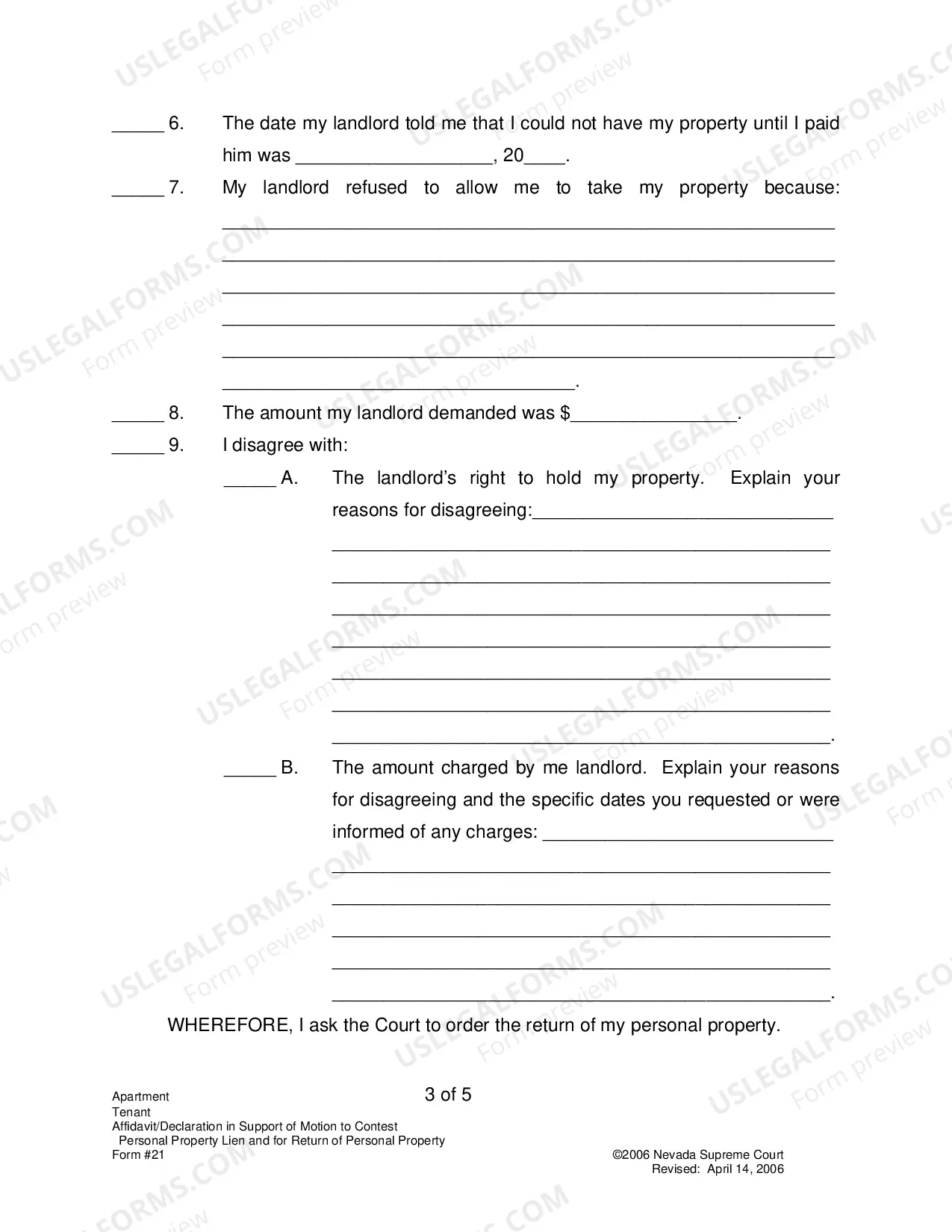 Preview Affidavit Or Declaration In Suport of Motion To Contest Personal Property Lien And For Return of Personal Property