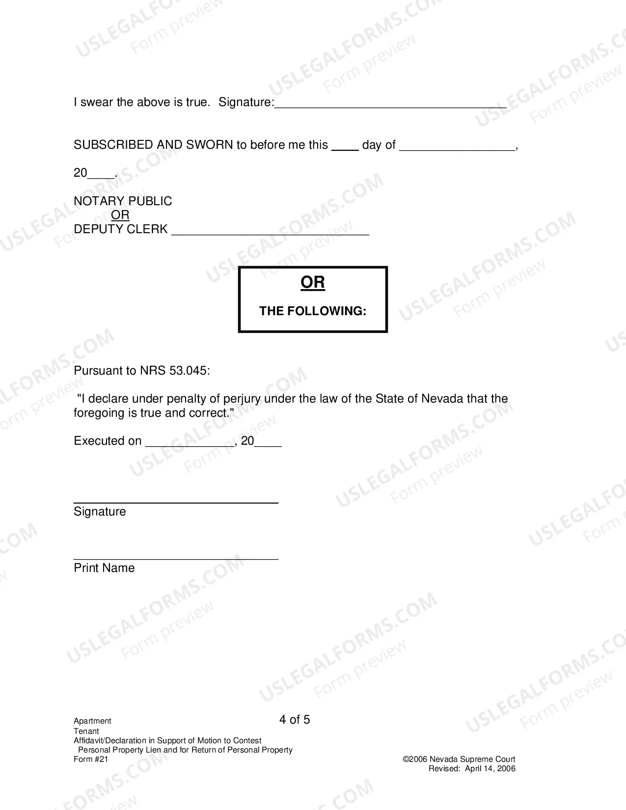 Preview Affidavit Or Declaration In Suport of Motion To Contest Personal Property Lien And For Return of Personal Property