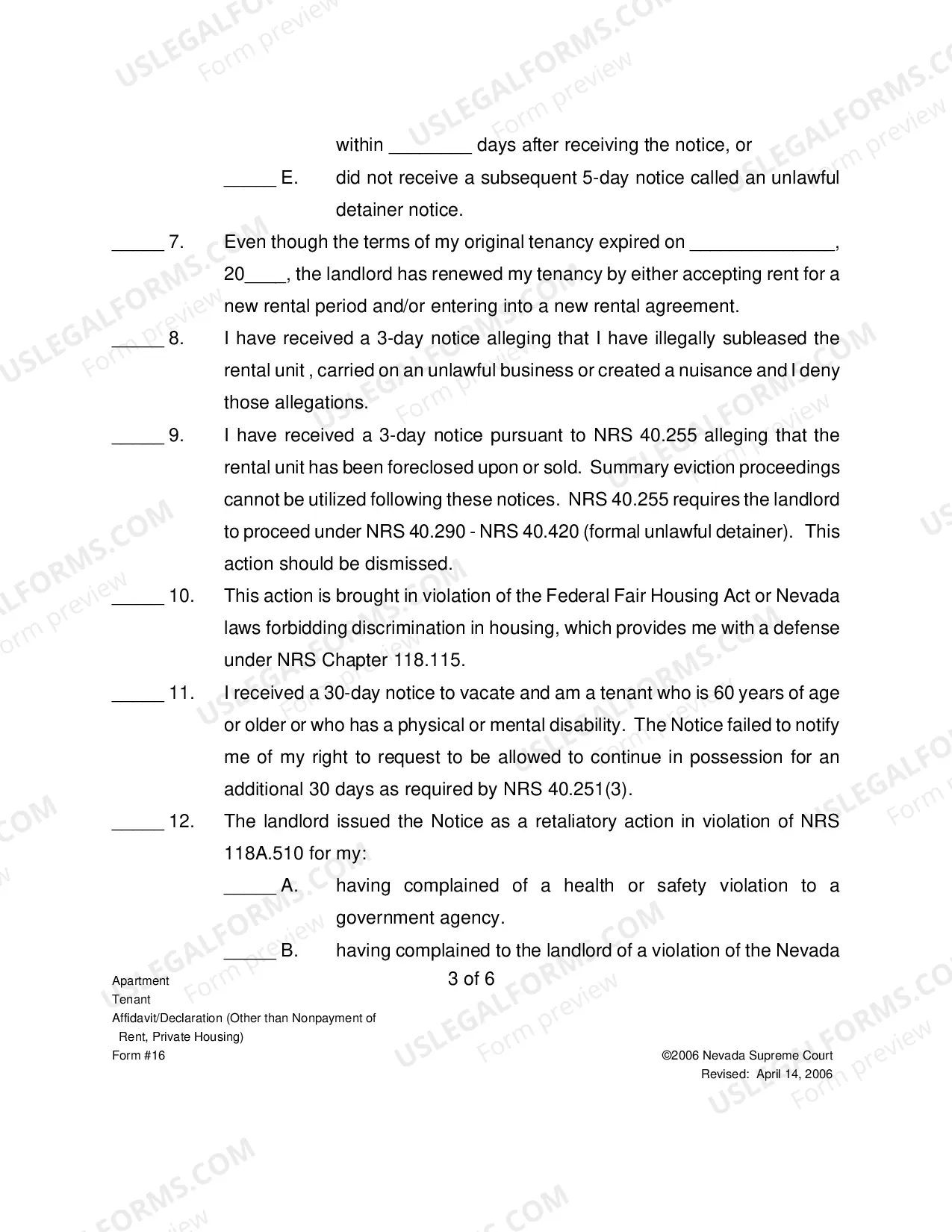 Preview Tenants Affidavit Declaration - Other Private Housing