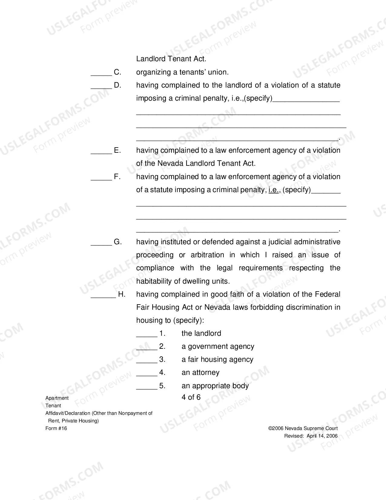 Preview Tenants Affidavit Declaration - Other Private Housing